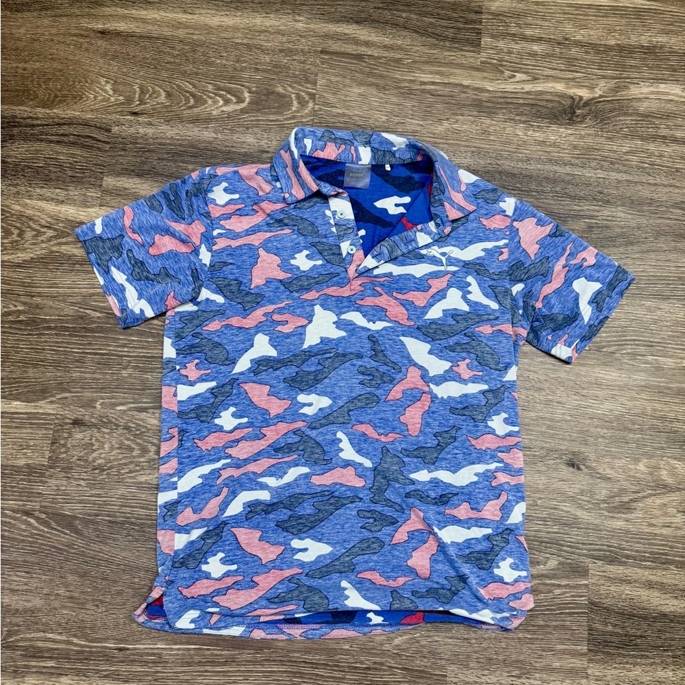 Puma Golf Blue Pink Camo Polo Shirt Men’s M Carlsbad Cali